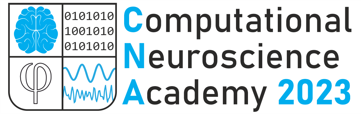 Computational Neuroscience Academy 2023 logo; coat of arms with brain, binary code, greek letter phi and waves